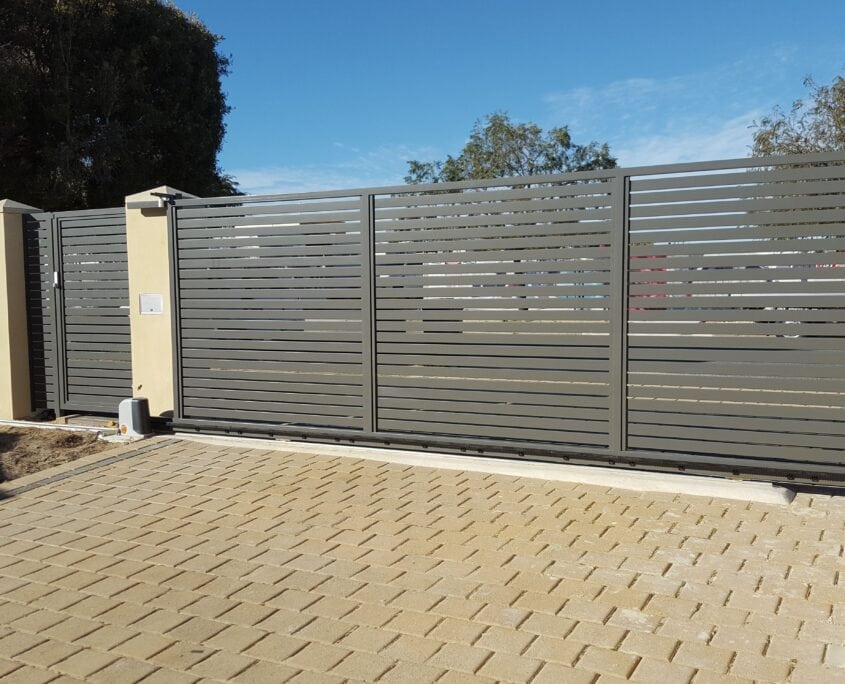 Dark Grey aluminium slat panel automatic gates