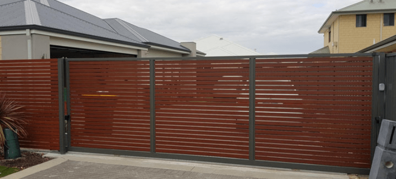 maroon aluminium slat panel automatic fence gate